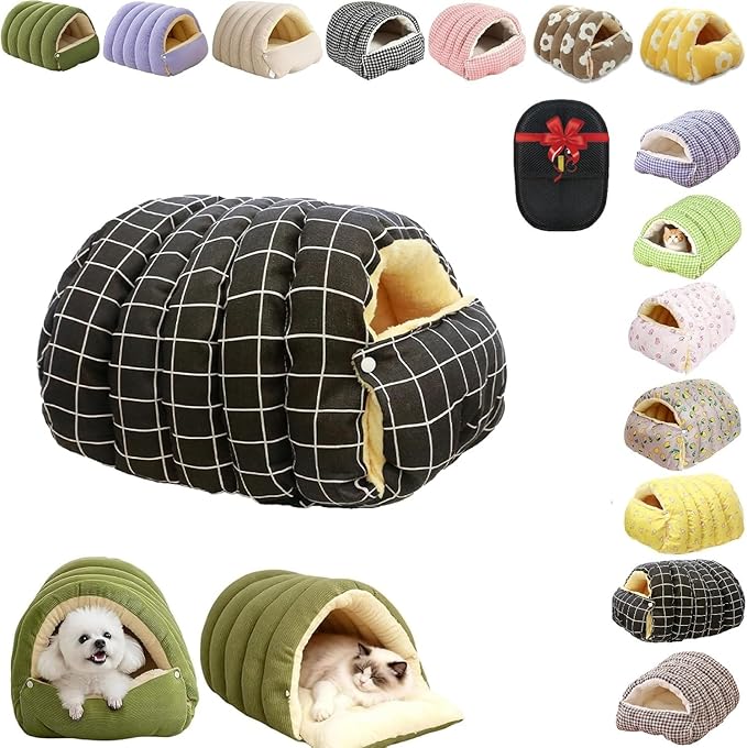 Removable and Washable Winter Closed-Off Cat Bed, Cutypet Winter Cave, Warm Foldable Secure Pet Nest for Indoor Cats & Small Dogs, Comfor Plush Snuggle Hut for Kitty, Puppy, Pets (Linen-Black 2,L)