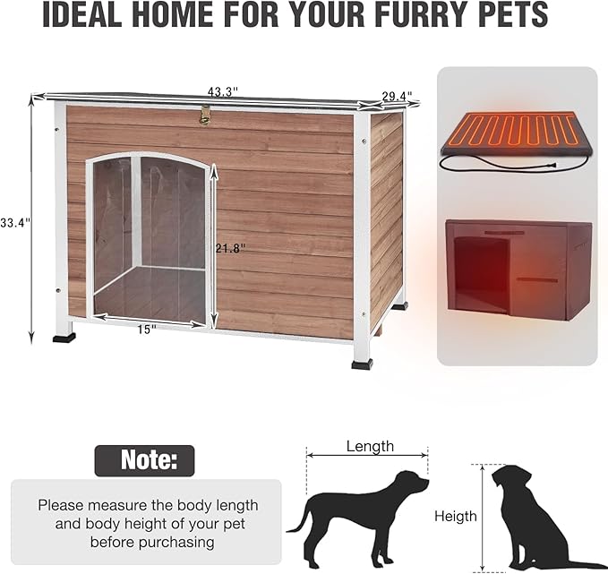 43.3'' Large Heated Outdoor Dog House Weatherproof with Anti-bite Metal Frame, Insulated Dog Kennel with Heating Pad for Outside, Dog Shelter for Small to Large Dogs (Light Brown)