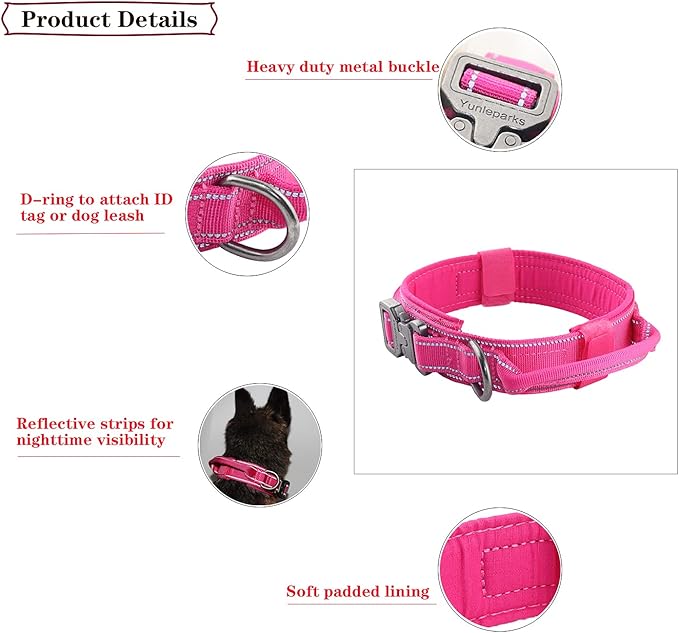 Tactical Dog Collar with Heavy Duty Metal Buckle and Control Handle for Medium Large Dogs Training(Pink, Large)