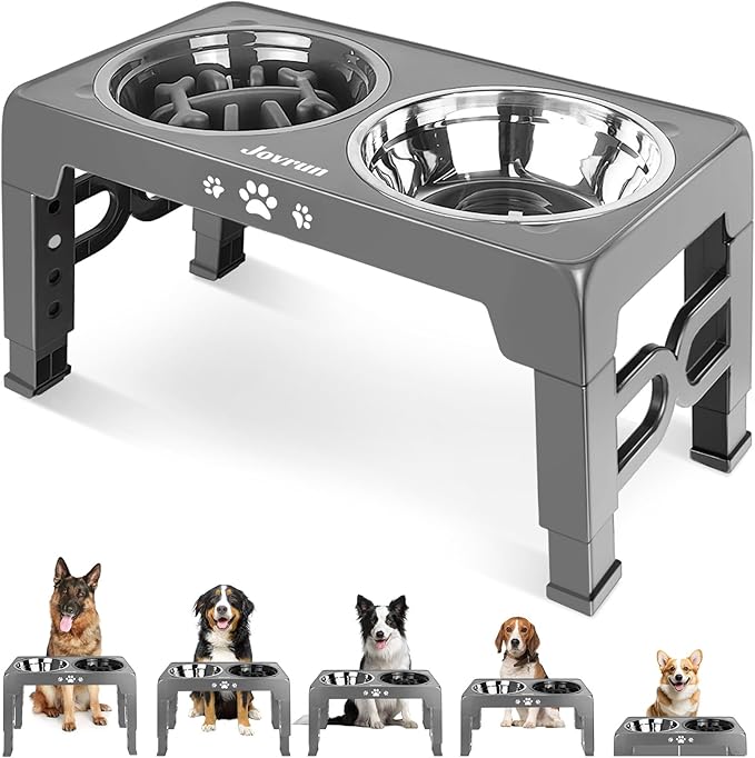 Elevated Dog Bowls for Medium Size Dogs, Non-Slip Dog Feeder with 1*Stainless Steel Dishes & 1*Slow Feeder Bowl, 5 Heights Adjustable Raised Bowls to 3.15″-8.66″-9.84″-11.02″-12.2″
