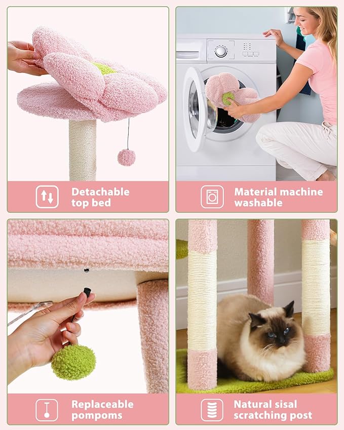 59" Flower Cat Tree for Large Cat, Multi-Level Tower, Cute Cat Tower for Indoor Cats, Cat Condo with Large Hammock, Scratching Post, and 2 Perches, Pink