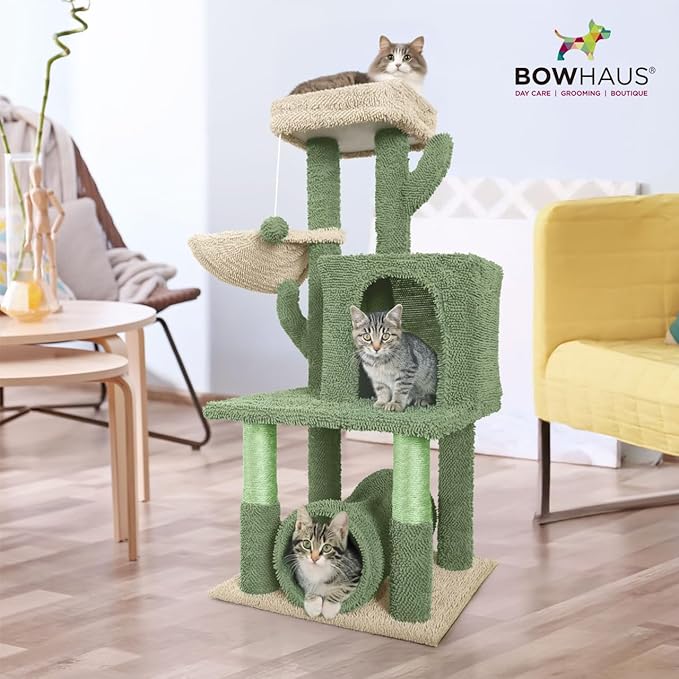 Cactus Cat Tower for Indoor Cats, Cute 40-Inch Small Cactus Cat Tree w/Widened Perch for Large Cats & Kittens, Multi-Level Cat Activity Tree w/Scratching Post, Tunnel, Basket, Cat Cave Condo