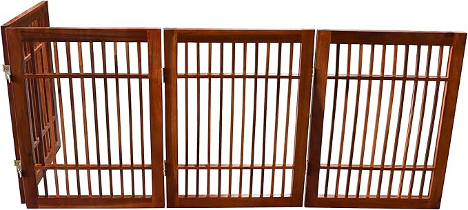Urnporium Pet Dog Gate Freestanding, Strong Durable Folding Wooden Fence, Portable Acacia Hardwood Safety Barrier for Indoor & Outdoor Use (Brown Pet Gate, 4 Panel 24" Tall)