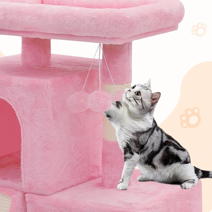 Cat Tree Tower with 2 Cat Condo, Cat Tower with Scratching Post & Sisal-Covered Scratching Board Ladder, Cat Climbing Tower, Cat Tree for Indoor Cats 34 Inch, Soft Pink