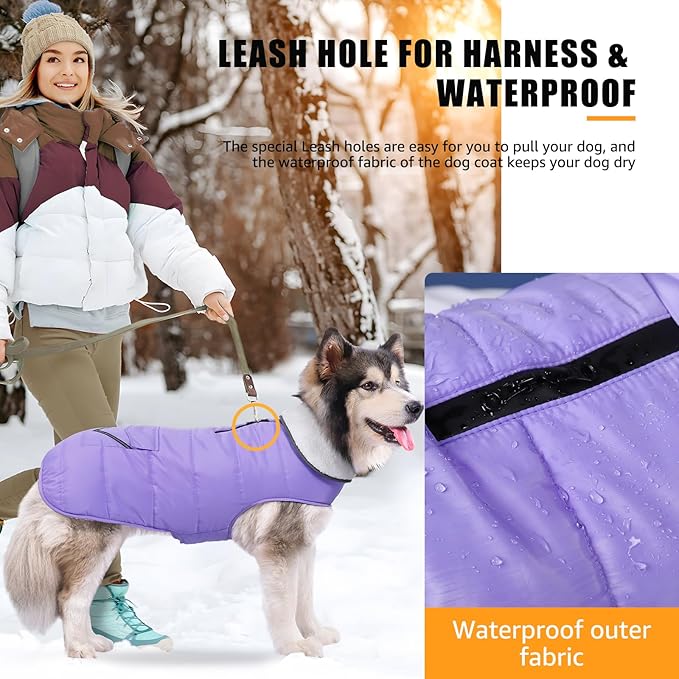 iBuddy Dog Winter Jacket for Extra Large Dogs, Easy on 3XL Dog Snow Coat Velcro Waterproof Pet Puffer Clothes with Harness Hole Adjustable Reflective Quilted Pet Cold Weather Vest for Girl Female