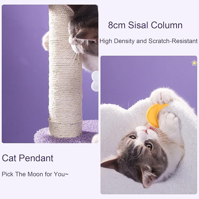 Multi-Level Cat Tower with Comfortable Plush Resting Platform, Purple Pink Cat Condos with Scratching Post and Pompom Ball Toy