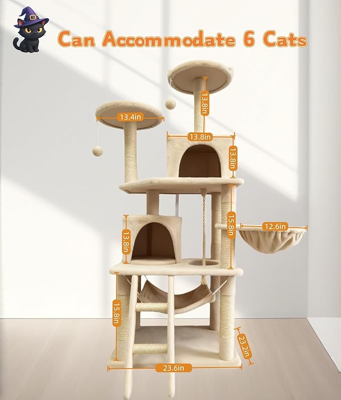 Cat Tree 60.63 inches Cat Tower for Indoor Cats, Multi-Level Cat Condo Furniture with Scratching Posts, Plush Perches, Activity Center with Cozy Basket & Hammock for Cats(Beige)