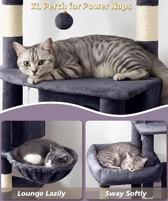 Heavy Duty Cat Tree for Indoor Cat, 74 Inch Cat Tower with Scratching Post, Hanging Basket, Cat Condo with Large Platform for Large Cats, PMT04DG, Dark Grey