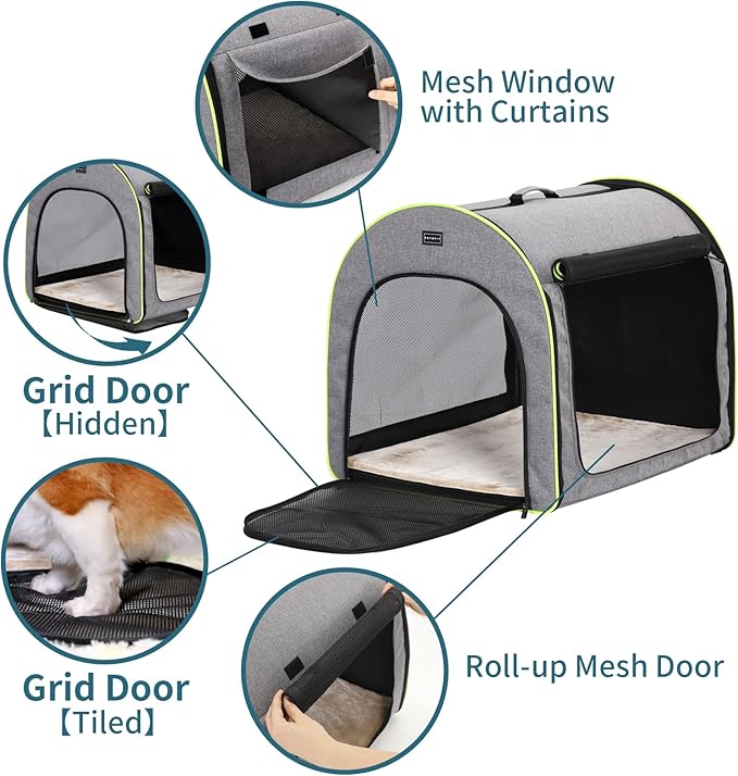 PETSFIT Collapsible Dog Crate, Travel Dog Crate - 19 Inch Lightweight, Roomy, Easy to Set Up, Sturdy Soft Dog Kennel with Thick Mat, Gray