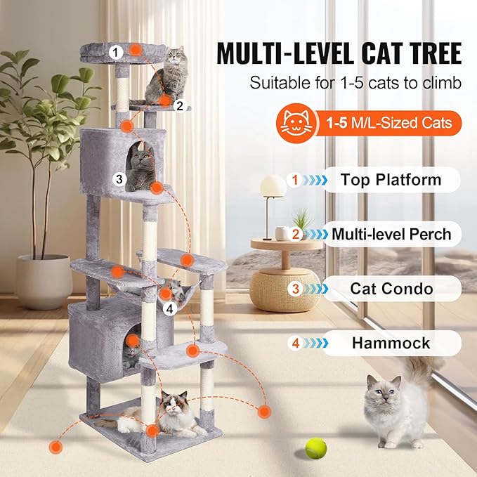 Happybuy Cat Tree for Indoor Cats, 72" Cat Tower with 2 Cat Condos, Sisal Scratching Post, Hammock, Top Perch, Jumping Platforms, Large Cat Furniture Activity Center with Hang Ball, Light Grey