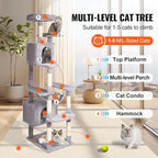 Happybuy Cat Tree for Indoor Cats, 72" Cat Tower with 2 Cat Condos, Sisal Scratching Post, Hammock, Top Perch, Jumping Platforms, Large Cat Furniture Activity Center with Hang Ball, Light Grey