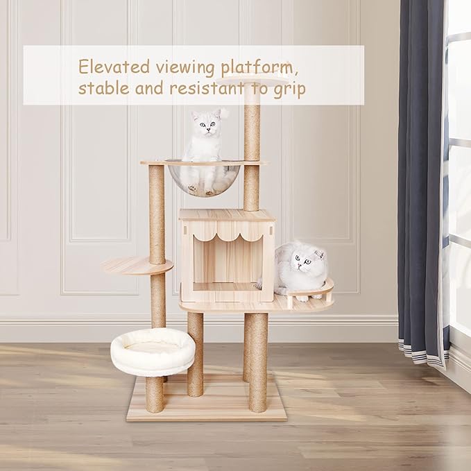 60in Cat Tree Tower for Indoor Cats,Modern Cat Tree Luxury Cat Tower Condo for Indoor Cats Large Adult with Scratching Post, House, Pompoms (Wood)