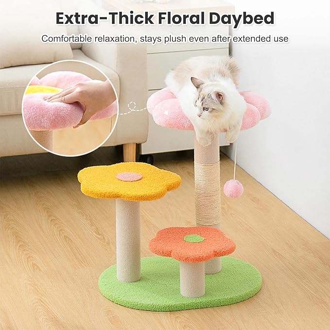 Flower Cat Tree 22.4 inches for Indoor Cats, 3-Story Cat Tower with Scratching Post, Multi-Functional Plush Cat Condo with Interactive Ball Toy, Protects Furniture with Durable Sisal Pole(Orange)