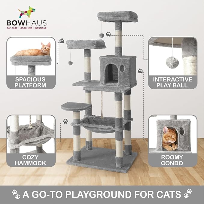 Tall Cat Tree for Indoor Large Cats or Kittens, Multi-Level Cat Activity Tree with Scratching Posts, Hammock, Cat Cave Condo, Modern Cute Small Cat Climbing Tower with Widened Perch