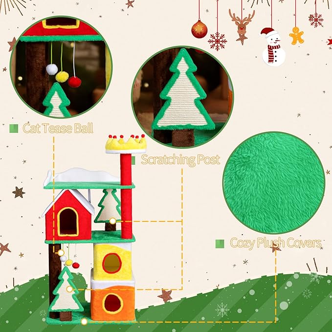56in Christmas Themed Plush Cat Tree, Multi-Level Cat Tower with Cat Condos, Top Crown Perch, Sisal Ramp Scratching Posts, Large Cat Pet Activity Center for Indoor Cats