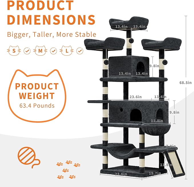 68.5 in Multi-Level Cat Tree for Indoor Cats Large Adult Heavy Duty Cat Tower for Large Cats with 2 Condos/Plush Perches/Sisal Scratching Posts/Hammocks/Basket/Dangling Balls, #2604 Dark-Grey