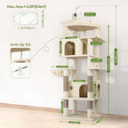 Globlazer Cat Tree for Indoor Cats Large Adult, 74in Tall Cat Tower with Scratching Post, Heavy Duty Cat Tree Tower with 2 Spacious Caves, Oversized Top Perch, Big Hanging Basket, F74B, Beige