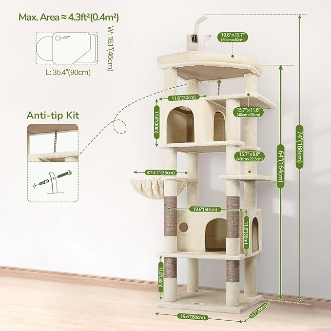 Globlazer Cat Tree for Indoor Cats Large Adult, 74in Tall Cat Tower with Scratching Post, Heavy Duty Cat Tree Tower with 2 Spacious Caves, Oversized Top Perch, Big Hanging Basket, F74B, Beige