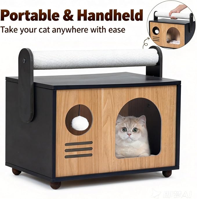 Ecove Family Cat House for Indoor Cats, Modern Wooden Cat Cave Condo with Scratching Posts, Washable Cushion, Durable Cat Furniture, Bed for Small and Medium Cats