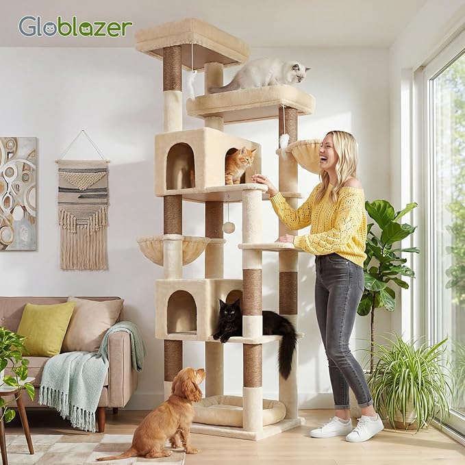 Globlazer Heavy Duty Cat Tree, 81 inch Extra Large Cat Tree for Indoor Cats Large Adult, Sturdy Cat Tower with 8 Scratching Post, 2 Cat Condos, 2 Platform, S81C, Beige