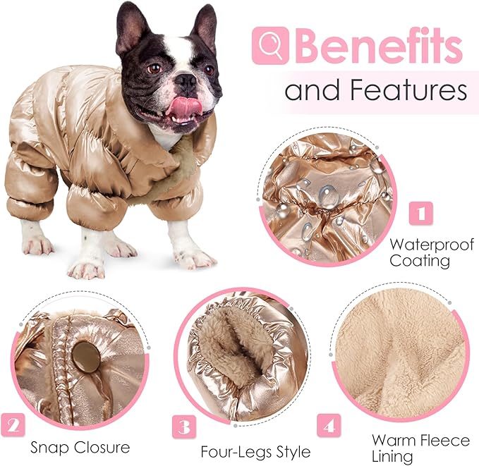 AOFITEE Dog Winter Coat, Waterproof Dog Jacket, Fullbody Dogs Winter Coat Snowsuit, Windproof Puppy Puffer Jacket Snow Suit with Legs, Pet Fleece Vest, Cold Weather Coats for Small Dogs, Gold XXL