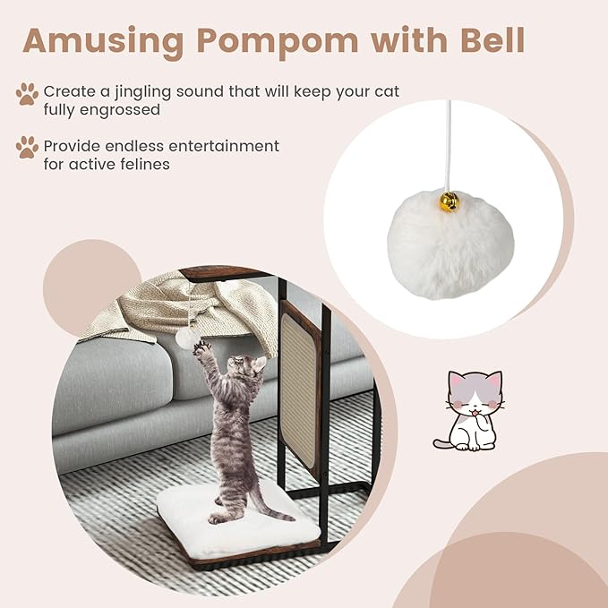PETSITE Cat Tree and End Table, C-Shaped Small Cat Side Table with Scratching Pad, Removable Washable Cushion, and Jingling Hanging Ball, Modern Cat Furniture for Living Room Bedroom