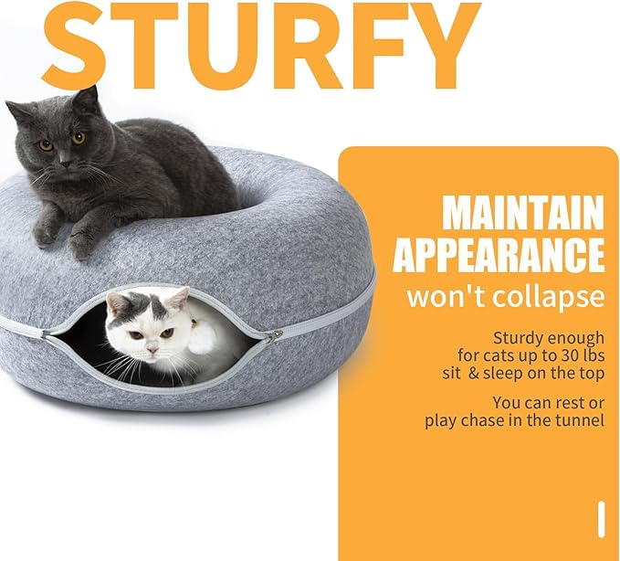 Peekaboo Cat Tunnel for Large Cats up to 10 lbs, Features A Jingle Ball, Removable and Washable Tunnel Bed, and a Cozy Donut Tunnel (Light Gray, 20 Inches)