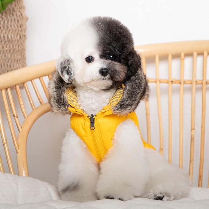 Puppia Hollis Winter Reversible Hooded Winter Dog Coat Warm Comfortable Fashionable for Small and Medium Dogs, Yellow, Medium
