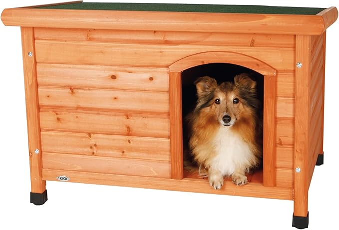 TRIXIE natura Classic Dog House - Wooden Outdoor Shelter with Weatherproof Sealer, Hinged Roof & Adjustable Legs for Small Dogs - Brown – 23.75 x 33.5 x 23 in