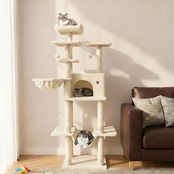 Tangkula Tall Cat Tree, 63 Inch Large Cat Tower with Sisal Scratching Posts, Plush Top Perch, Condo, Hammock, Basket Bed, Dangling Balls & Jumping Platforms for Indoor Cats Large Adult (Beige)