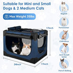 Soft Small Dog Crate - 24 inch Portable Travel Puppy Crate for Small Pets or 2 Cats, Collapsible Pet Carrier with 4 Mesh Doors, Car Kennel for Dogs with Handle for Indoor and Outdoor, Bule