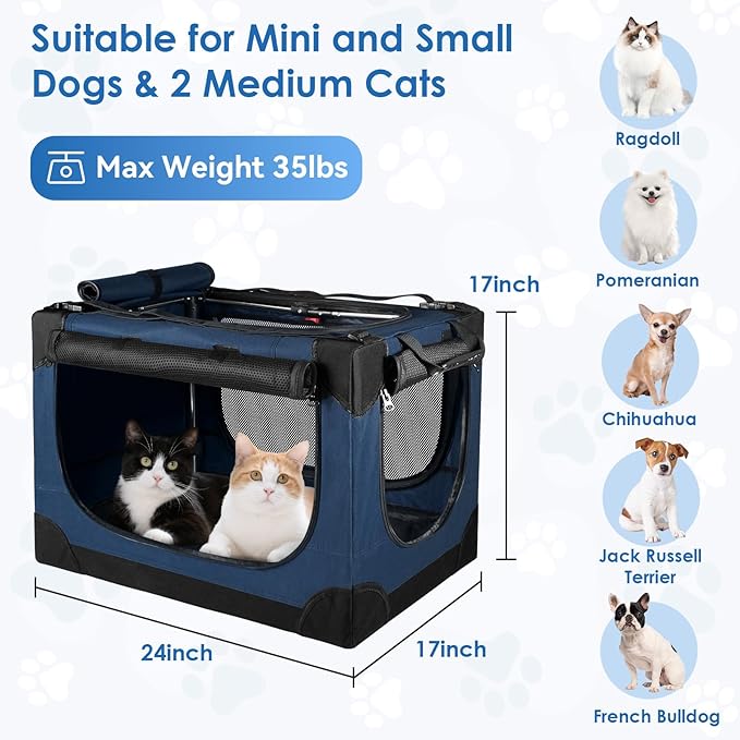 Soft Small Dog Crate - 24 inch Portable Travel Puppy Crate for Small Pets or 2 Cats, Collapsible Pet Carrier with 4 Mesh Doors, Car Kennel for Dogs with Handle for Indoor and Outdoor, Bule