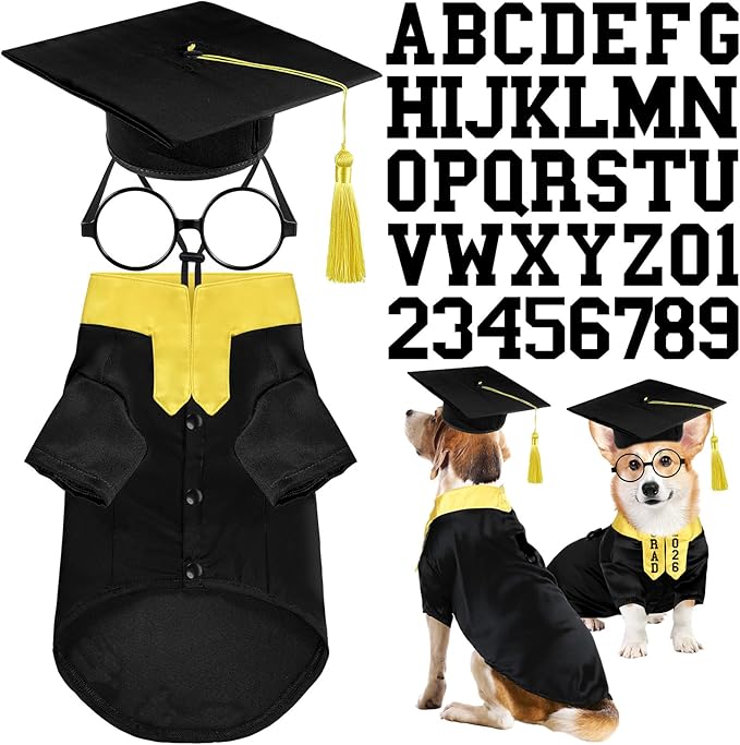 5 Pcs Dog Graduation Costume Set Include 2026 Pet Graduation Gown with Stole Puppy Grad Cap Lensless Glasses DIY Letter Stickers for Dogs Cats Holiday Costume Accessory(Black Yellow,L)