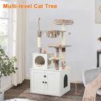Cat Tree and Litter Box Enclosure Bundle, Hidden Cat Litter Box Furniture with Scratching Post, Wooden Cat Washroom Furniture, Modern Cat Condo, White