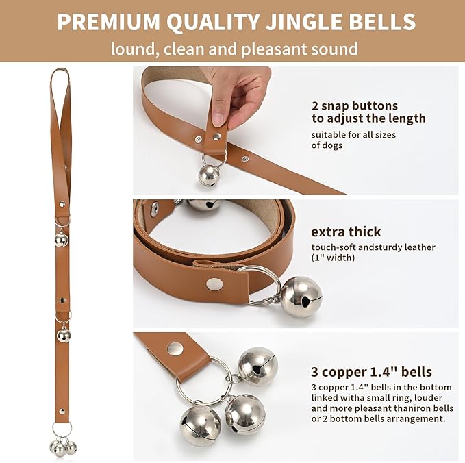 Brown Leather Hanging Door Bells for Dogs to Ring to Go Potty Training Doorbells Tools to Go Outside Dog Accessories Upgraded Puppy Essentials for Home (Silver Jingle Bells)