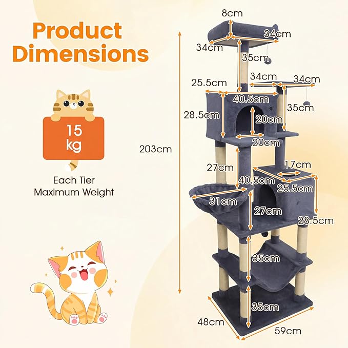 PETSITE 80-inch Tall Modern Cat Tree, Multi-Level Cat Tower with 2 Comfy Condos, Sisal Scratching Posts, Side Basket, Snug Hammock, and Dangling Balls, Ideal for Indoor Cats and Kittens (Dark Grey)