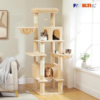 PEQULTI 66" Cat Tree for Indoor Cats, Tall Cat Tower for Large Cats with Scratching Post, Super Large Metal Hammock and 2 Big Condos, Beige