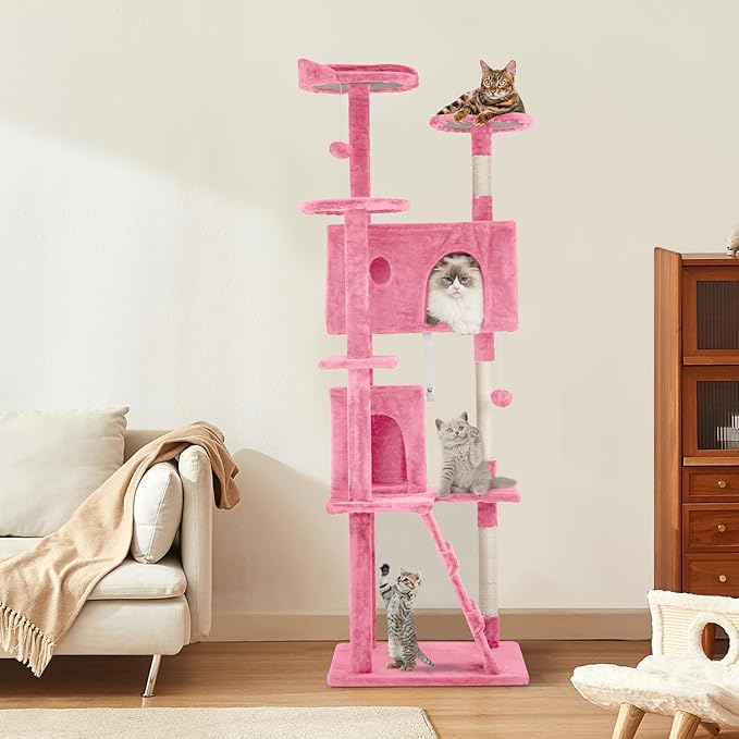 Cat Tree 69.3 inches Cat Tower for Indoor Cats Cat House with Replaceable and Removable Dangling Ball Cat Trees and Towers with Funny Toys, Pink