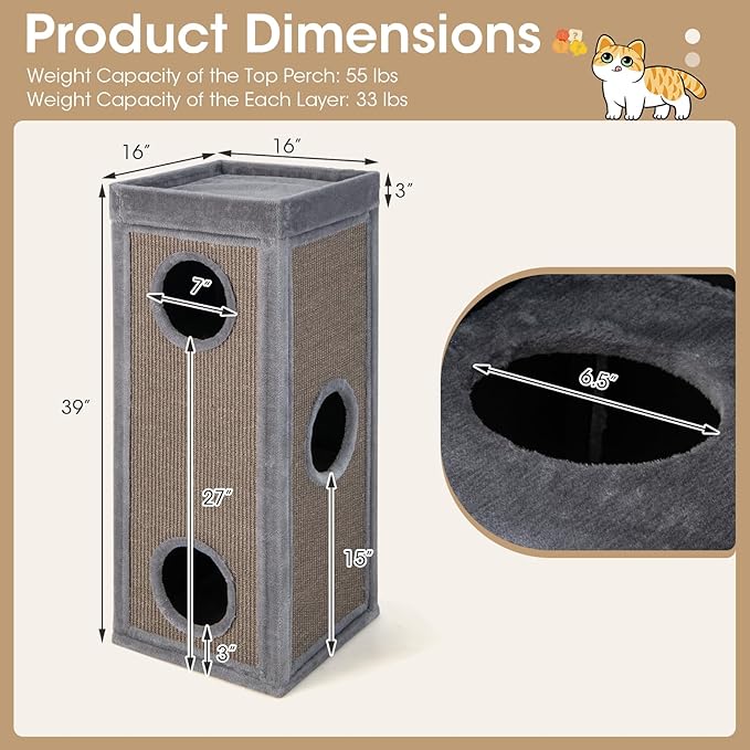 PETSITE 4-Story Cat Tree Condo Barrel Tower, 39 Inches Top High Edge Cat Condo Bed with Removable Cushion, Natural Sisal-Covered Scratching Board Indoor Cat Furniture, Grey
