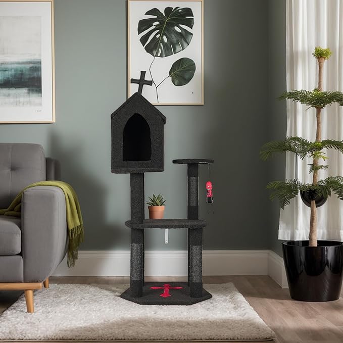 Gothic Halloween Cat Tree Tower, 3-Level Cat Furniture with Coffin Bed & Cross Top, Scratching Posts for Indoor Cats, Black Red Large Cat Tree for Multiple Cats