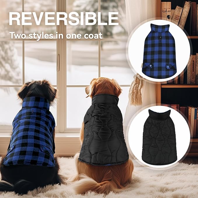VIVAGLORY Softjoy Dog Coat, Dog Jacket for Winter & Christmas, Coat with Harness Hole, Reversible Plaid Checkered Warm Fluffy Heavy Duty for Puppy, XS, Sapphire Blue Plaid