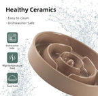 Ceramic Raised Slow Feeder Dog Bowl Set, Elevated 7.3inch Bowl and 8.2inch Puzzle Slow Dish with Wooden Stand for Medium and Large Dog, Anti-Gulping (2X Brown Coffee+ Stand)