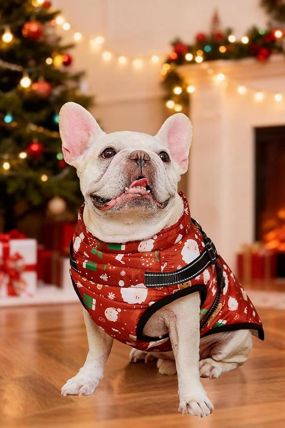 Aiboria Dog Jacket Windproof Fleece Dog Sweater with Padded Vest Chest Strap Harness Dogs Coat Christmas Red M