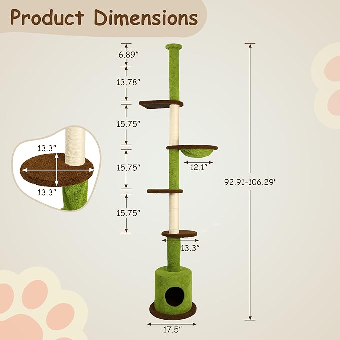 KAMABOKO Floor to Ceiling Cat Tree, Cat Tower 5-Tier Height(88-107 Inches) Adjustable, Tall Cat Climbing Tower with Scratching Post, Cat Cave Condo, Cozy Hammock, and Ball Toy for Indoor Cats
