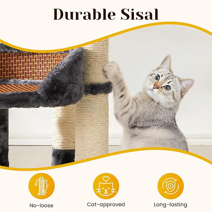 Multi-Level Cat Tree for Indoor Cats, Modern Cat Tower with Double Beds & Scratching Posts, 27 in Cute Cat Tree for Large Cats and Kitten, Small Cat Climbing Tower with Hanging Toys, Grey