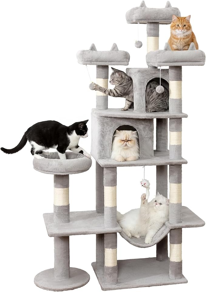 Heavy Duty Cat Tree for Indoor Cat, 71 Inch Large Cat Tower with Scratching Post and Top Perch, Hammock, Big Cat Condo for Adult Cats Kittens, PMT03GY, Grey