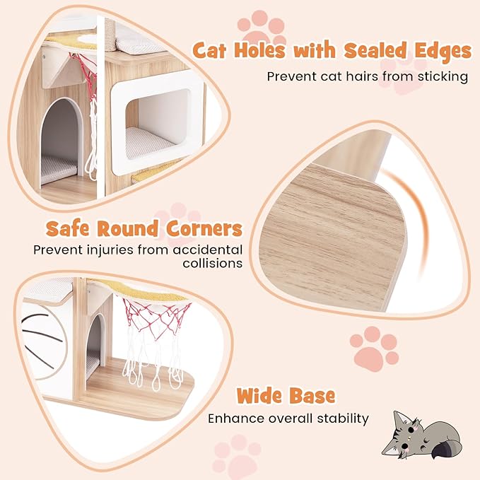 PETSITE 47 inch Basketball Series Cat Tree, Multi-Level Cat Tower with Jute Scratching Posts, 2-Story Cat Condo, 2 Perches, Basketball Hoop Hammock, Padded Cushions, Modern Cat Tree Tower