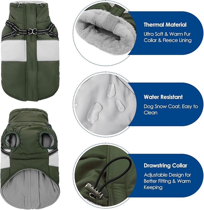KOESON Dog Coat, Warm Dog Winter Coat for Giant Breeds, Waterproof Dogs Jacket with Harness, Reflective Pet Fleece Lined Puffer Jacket, Turtleneck & Windproof Coats for Great Dane, Golden Retriever