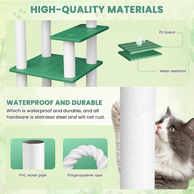 66 Inches Tall Outdoor Weatherproof Cat Tree Tower, Multi-Level, Large Cat Condo with PVC Board and Cat Scratching Posts, for Outside and Indoor