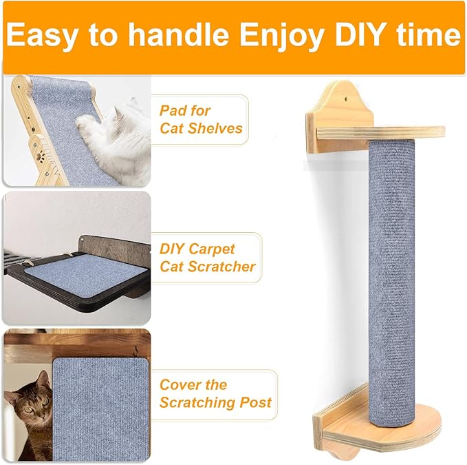 Large Cat Scratching Mat, 118"x15.8" Self-Adhesive Scratch Furniture Protector, Trimmable Wall Climbing Carpet, Couch Protector, Scratching Pad Replacement (Light Gray, 30 Nails)